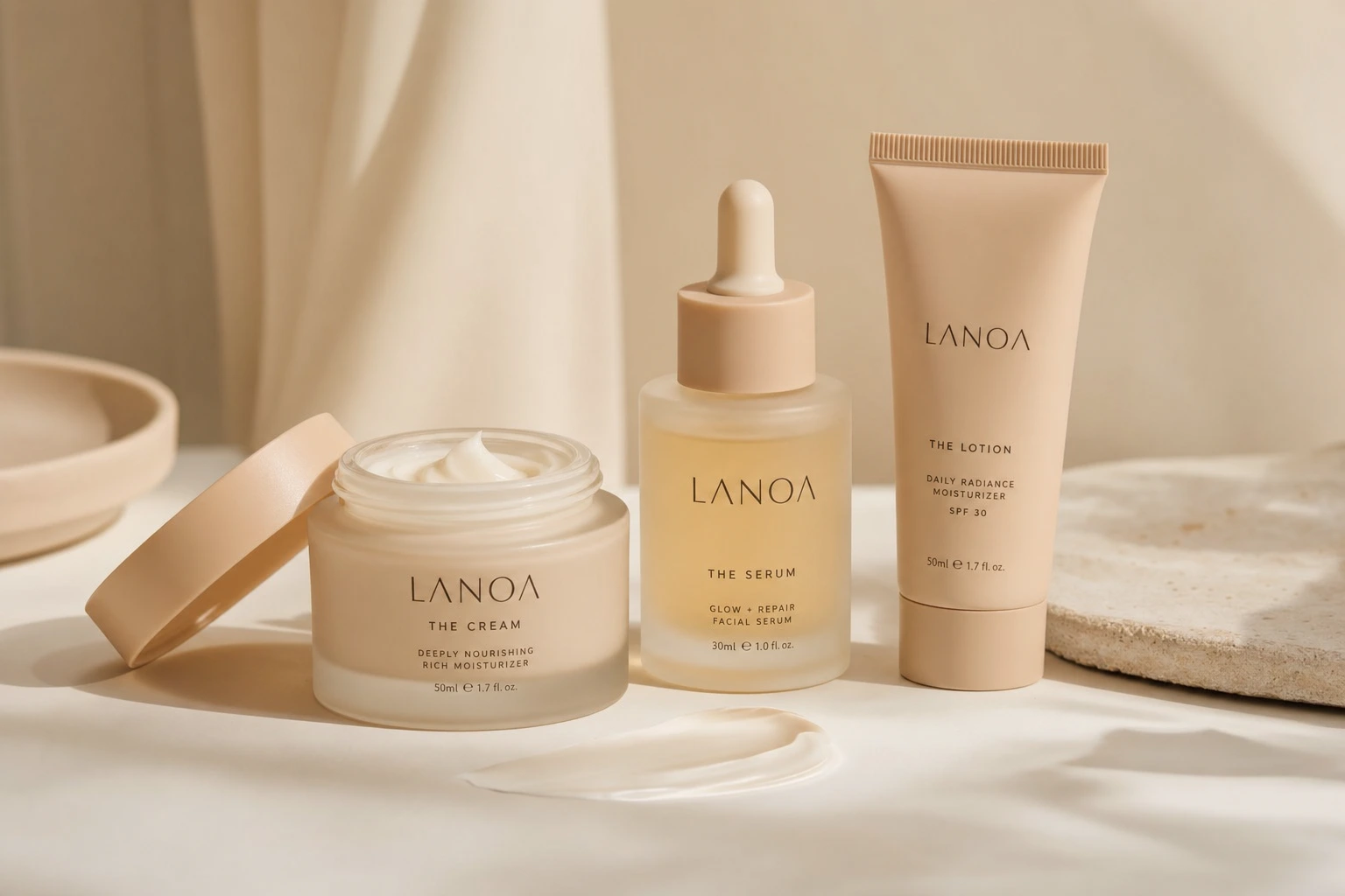 A premium skincare range including a face cream, facial serum and SPF lotion formulated for an Australian brand