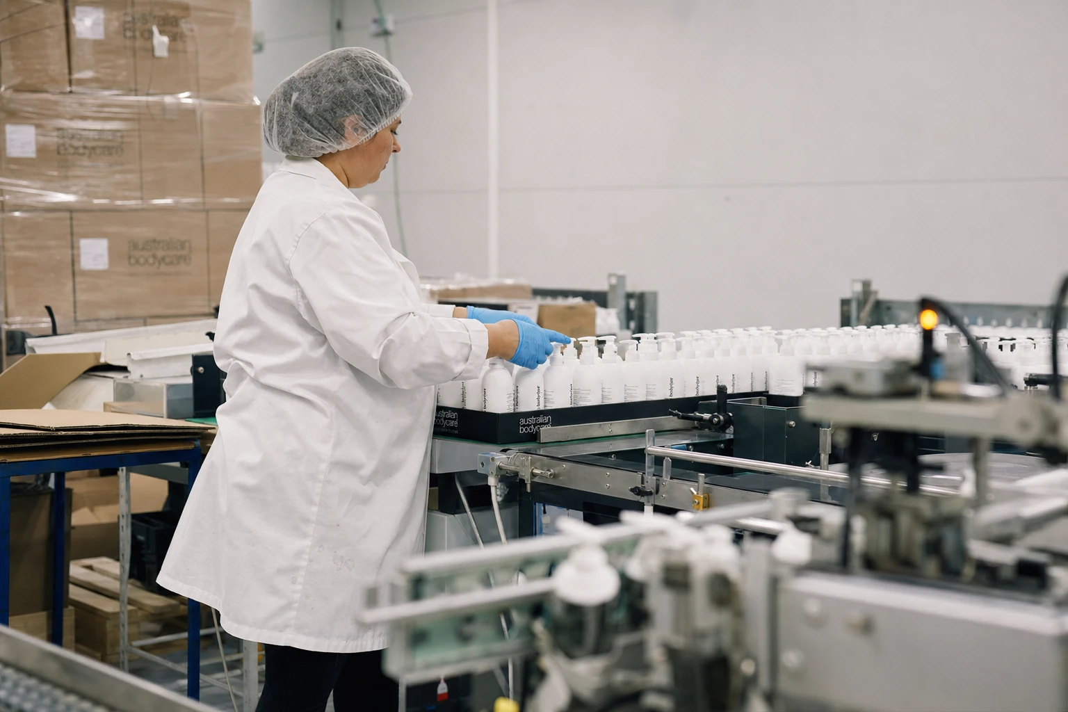 Automated filling line producing skincare bottles at the Ausmetix manufacturing facility