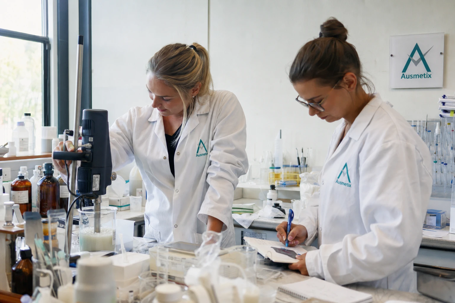 Two Ausmetix scientists working at the laboratory bench in the Melbourne facility
