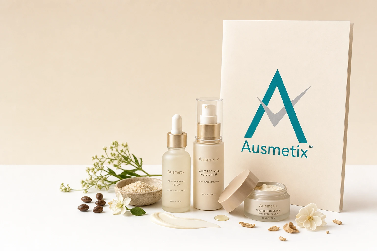Ausmetix branded skincare products including a serum and moisturiser with natural botanical ingredients